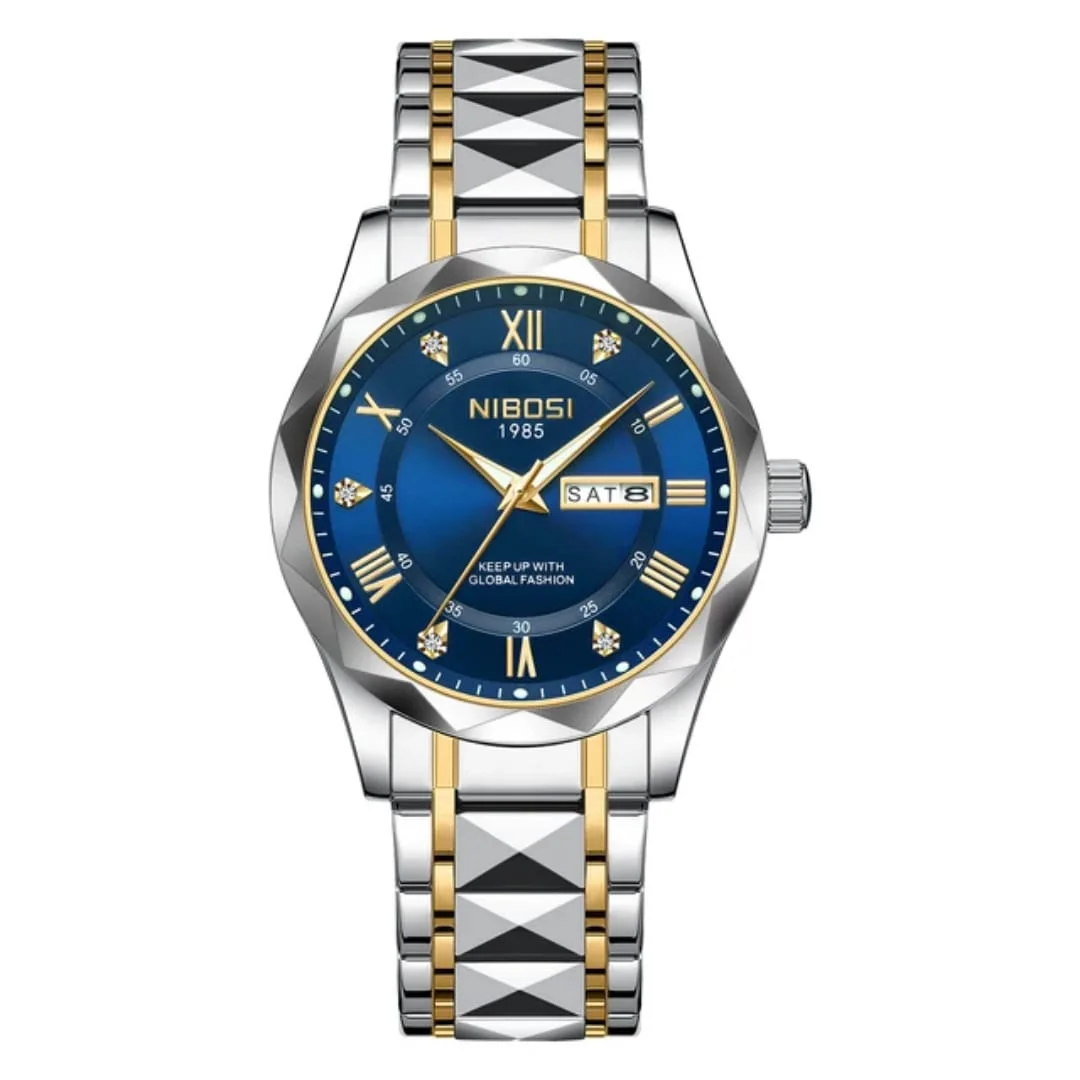 Montre NIBOSI 1985 — Édition Saphir | Acier Bicolore Or & Argent | Affichage Jour/Date