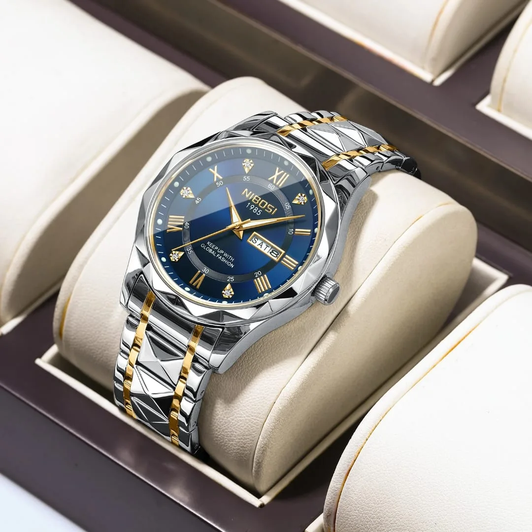 Montre NIBOSI 1985 — Édition Saphir | Acier Bicolore Or & Argent | Affichage Jour/Date