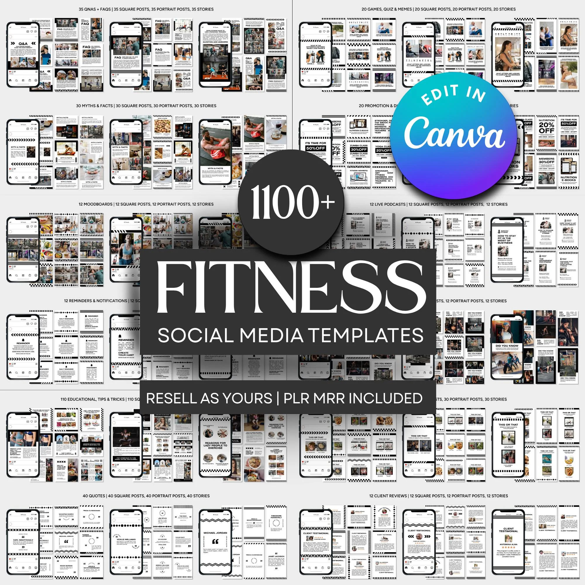 1100+ Fitness Instagram Canva Templates Bundle