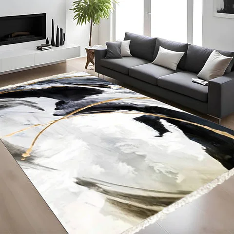 زربية اوروفانا عصرية بتصميم تجريدي بالأسود والذهبي – 160×230 سم