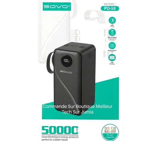Power Bank SOVO P5 – 50 000 mAh | Charge Rapide | 4 Câbles Intégrés