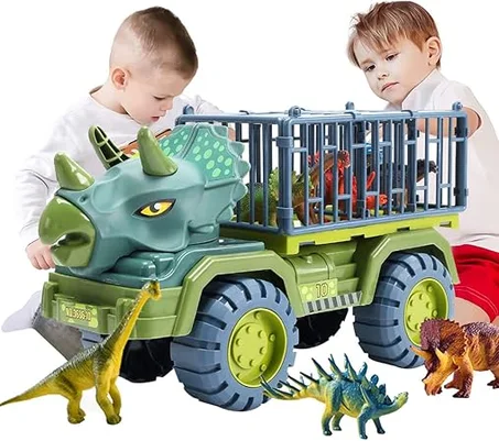 لعبة شاحنة ديناصور للأطفال من عمر 3-5 سنوات من الميكاكوز، شاحنة نقل مع 15 مجسم ديناصور، بيض وشجرة دينو، مجموعة لعب الديناصور الجوراسي للأولاد والبنات (ترايسيراتوبس)