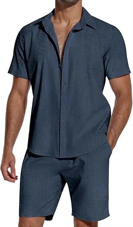 مجموعة ملابس من الكتان القطني للرجال من شيكيني، قمصان وسراويل قصيرة مناسبة للشاطئ والصيف، مجموعة ملابس قصيرة الأكمام وغير رسمية للرجال، بدلة تأتي مع شورت