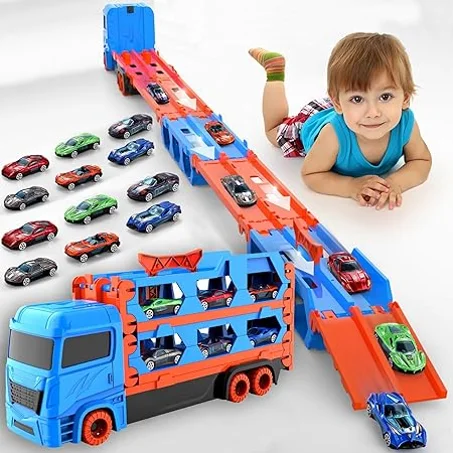 لعبة شاحنة سباق مع فتحات ومسارات سباق قابلة للطي من ايسو، لعبة حاملة سيارات للأطفال الصغار، مجموعة ألعاب شاحنة مع 12 سيارة من خليط معدني للأطفال بعمر 3 سنوات فما فوق أولادي وبناتي