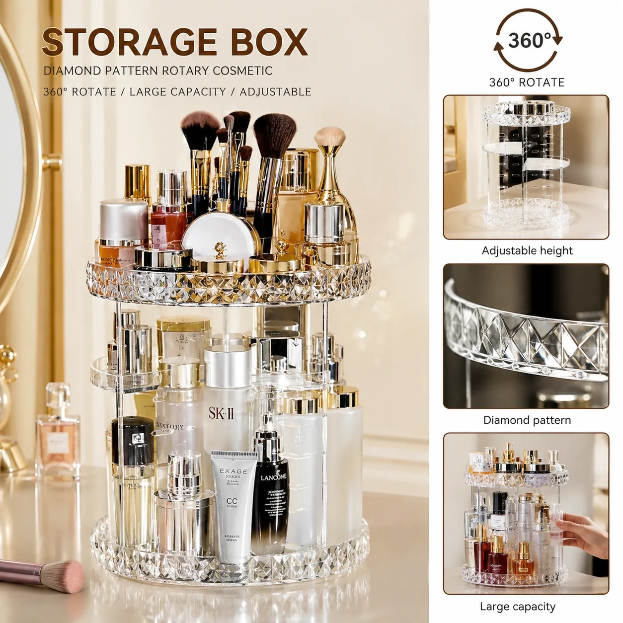 منظم مكياج وعطور دوار 360° فاخر