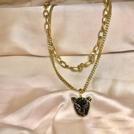 Collier double chaine tigre noir en doré