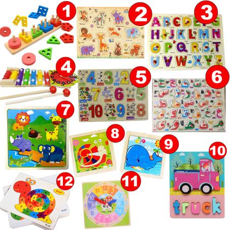 Pack Happy Kids de 12 Jouets éducatifs en bois Montessori