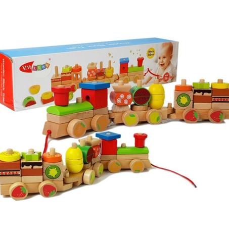 Train éducatif en blocs de bois 30 pièces (avec motif fruits et gâteaux)