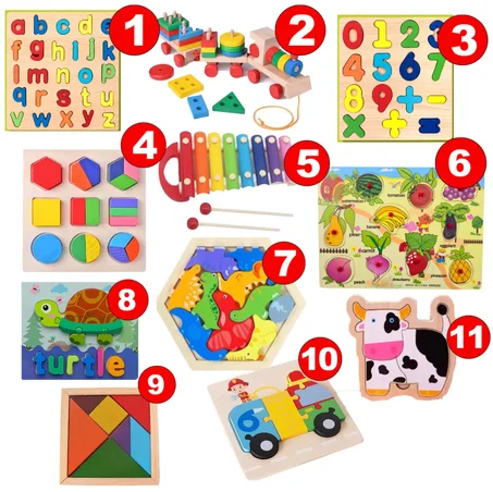 Pack Montessori "HAPPY  KIDS" de 11 jouets éducatifs en bois