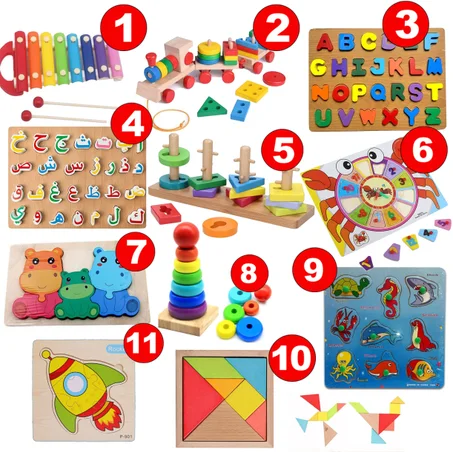 Pack Montessori "MONTI KIDS" de 11 jouets éducatifs en bois