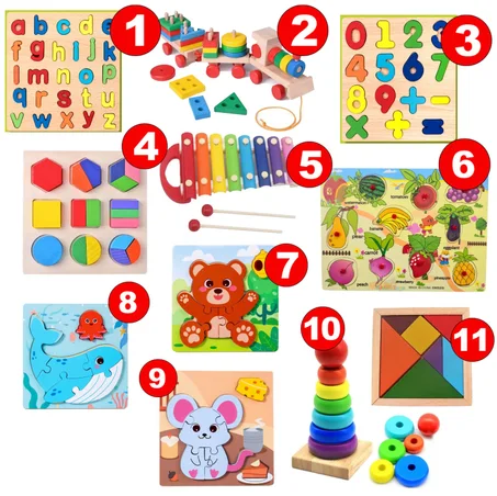 Pack Montessori "HAPPY  KIDS" de 11 jouets éducatifs en bois