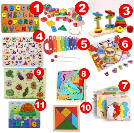 Pack Montessori "HAPPY  KIDS" de 11 jouets éducatifs en bois