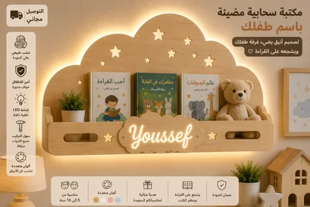مكتبة سحابة خشبية مضيئة باسم طفلك