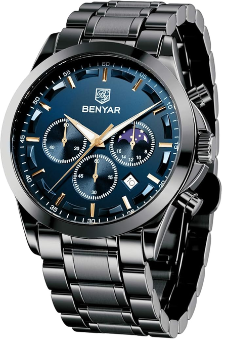ساعة BENYAR الرجالية الصحفية – كرونوغراف كوارتز، مقاومة للماء، مينا أنيق، سوار جلدي بني