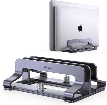 يوجرين حامل لابتوب عمودي من بفتحتين للمكتب بعرض قابل للتعديل، لوحي مكتبي موفر للمساحة، يناسب جميع أجهزة ماك بوك، مايكروسوفت سارفيس، حتى 15.6 بوصة – فضة الألومنيوم