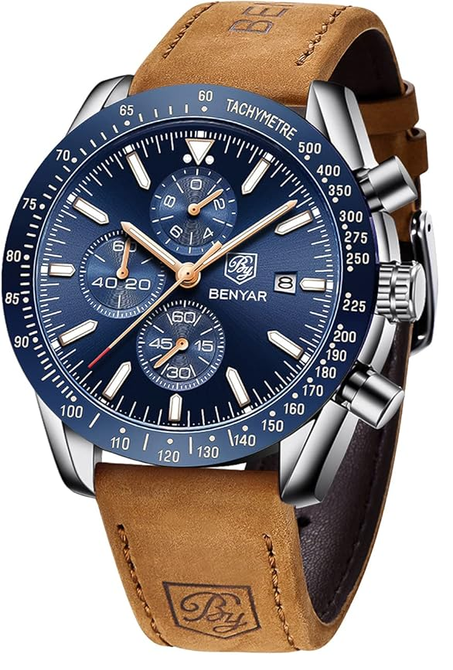 ساعة BENYAR رجالية فاخرة – تصميم أنيق، كرونوغراف، مقاومة للماء، كوارتز دقيقة، بمينا أسود وسوار بني
