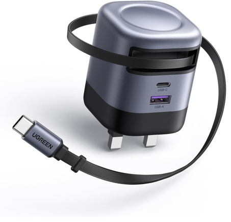 شاحن يوجرين USB-C 45 واط، شاحن جداري فائق السرعة مع كابل USB-C قابل للسحب، شاحن GaN 3 منافذ، متوافق مع أجهزة سامسونج جالاكسي، آيفون، آيباد، ماك بوك، وأكثر