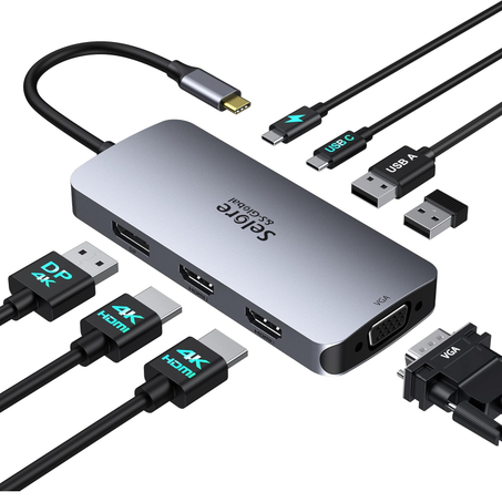 قاعدة شحن متعددة الوظائف 8 في 1 – USB-C 100 واط، HDMI 4K، VGA، 3 منافذ USB لأجهزة Dell وHP