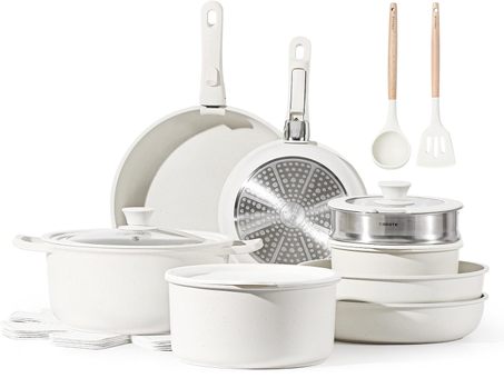 طقم أواني طهي من كاروت – 5 قطع – غير لاصقة – مقبض سيليكون قابل للإزالة – لون أبيض – مثالي للمطابخ الحديثة