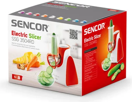 Sencor SSG 3504RD قطاعة / مبشرة ، للفواكه والخضروات ، 5 ملحقات قابلة للتبديل ، إدخال طاقة 150 واط ، أنبوب تغذية عريض 56 مم ، أقدام مقاومة للانزلاق ، أبيض - أحمر |