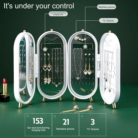 Organisateur de bijoux pliable à 4 volets, présentoir luxueux pour boucles d'oreilles et colliers, boîte de rangement d'accessoires avec miroir - Vert et blanc