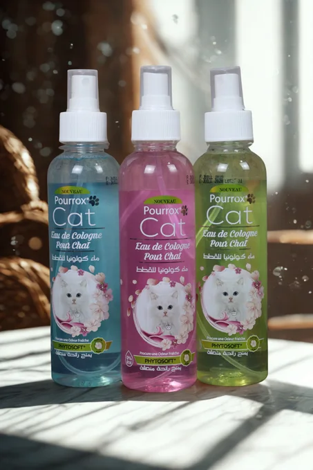 3️⃣ تخلص من الروائح الكريهة 🐾 ماء كولونيا Pourrox Cat بتركيبة لطيفة