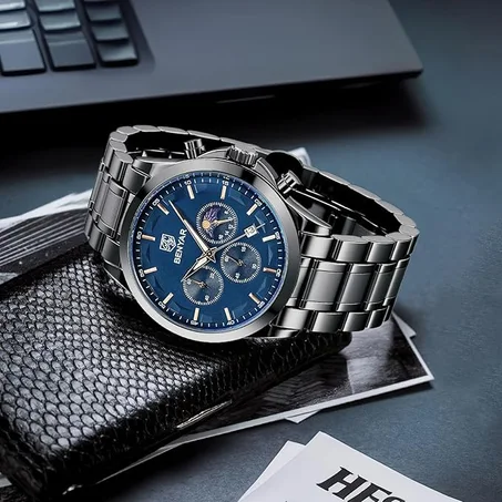 بقلم بنيار ساعة كرونوغراف رجالية 30 متر مقاومة للماء لامعة وساعات أزياء كلاسيكية مضيئة وساعة كوارتز تناظرية بقرص كبير هدية أنيقة للرجال