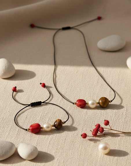 أناقة البساطة: طقم اللؤلؤ والمرجان وعين النمر