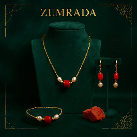 طقم فاخر من الجوهر والمرجان - عقد + سوار + حلقات