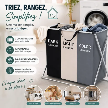 Grand panier à linge , sac fourre-tout Triple, pour vêtements sales, avec sangles