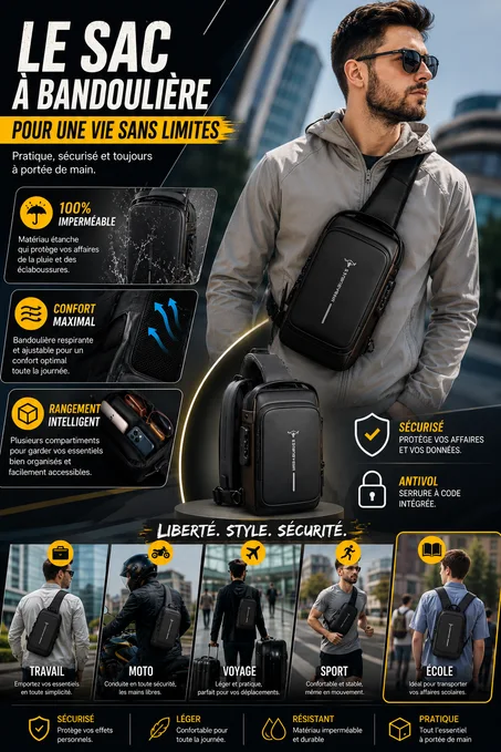 Gardez vos poches légères, votre style impeccable Sac étanche Antivol avec port USB et Verrouillage numérique Compact, pratique et toujours élégant
