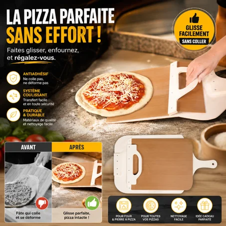 Pelle à pizza coulissante en bois pour un transfert parfait de la pizza et du pain avec poignée, revêtement antiadhésif.
