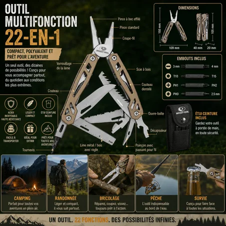 Pince multifonctionnelle, outil multifonction 21 en 1 avec pince et couteau pliant, outil multifonction pliable pour le camping, la randonnée et les réparations, avec sac de transport. ..