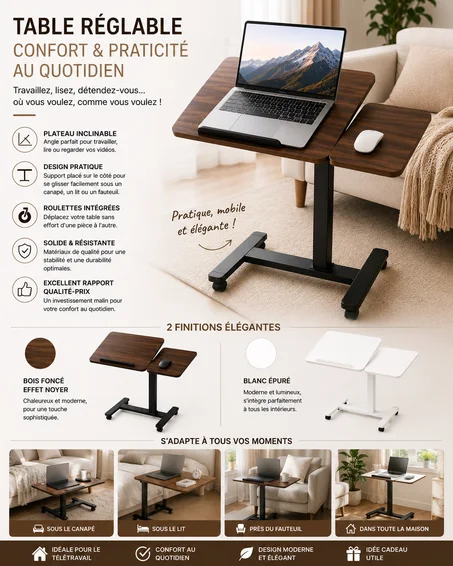 Table Réglable Multifonction – Travaillez, Mangez et Détendez-vous avec Confort