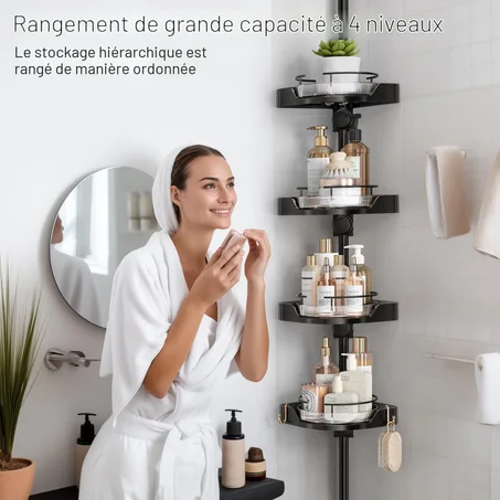 Étagère de Douche Télescopique Rotative 360° – 4 Niveaux de Rangement Sans Perçage 🚿✨