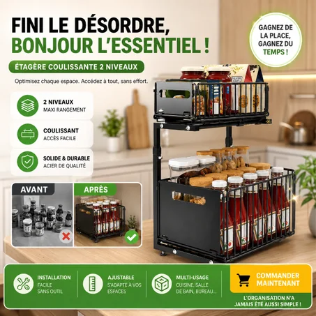 Fini le Désordre Sous l’Évier !  Organisez Votre Cuisine en Un Instant Optimisez Chaque Espace de Votre Maison Étagère Coulissante 2 Niveaux – Gain de Place Intelligent