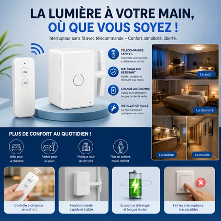 Fini les Déplacements Inutiles ! Interrupteur Sans Fil Rechargeable avec Télécommande Intelligente
