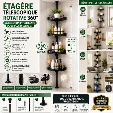 Étagère de Douche Télescopique Rotative 360° – 4 Niveaux de Rangement Sans Perçage 🚿✨