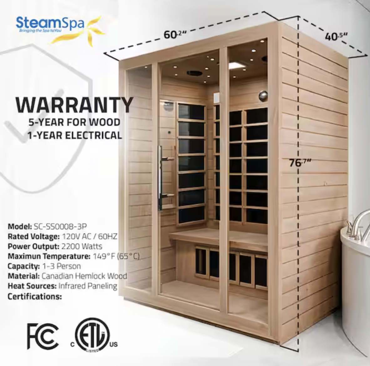 Home Sauna Room 3-Person Hemlock Wooden Indoor Infrared Sauna Spa with Touch Control Panel