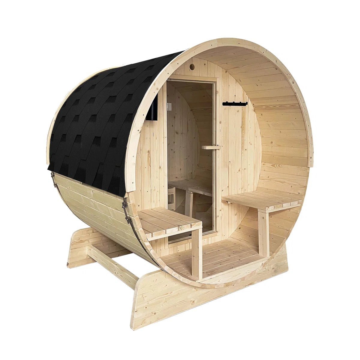 Outdoor or Indoor White Finland Pine Wet Dry Barrel Sauna - 2-4 Person - Front Porch Canopy - 4.5 kW UL Certified - Bitumen Shingle Roofing