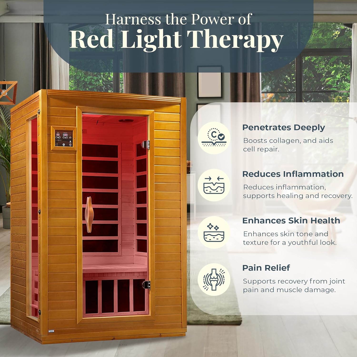 Dynamic Saunas Andora 2-Person Low EMF FAR Infrared Sauna with Red Light Therapy & Bluetooth Speakers