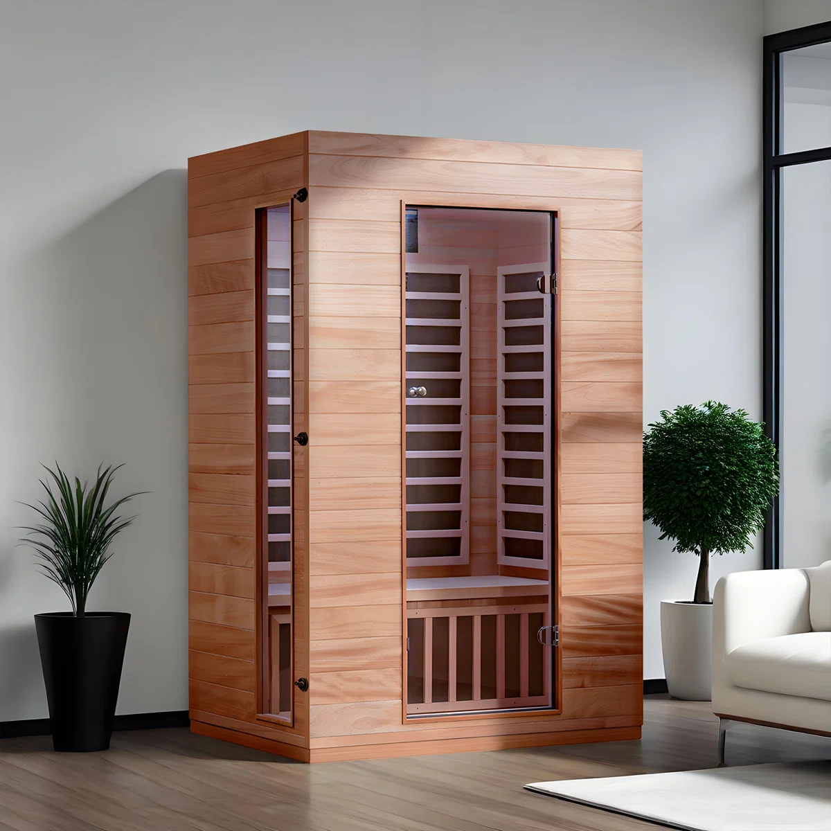 Hongyuan 2-Person Indoor Bluetooth Compatible FAR Infrared Sauna in Okoume & Hemlock with 6 Low EMF Carbon Heaters