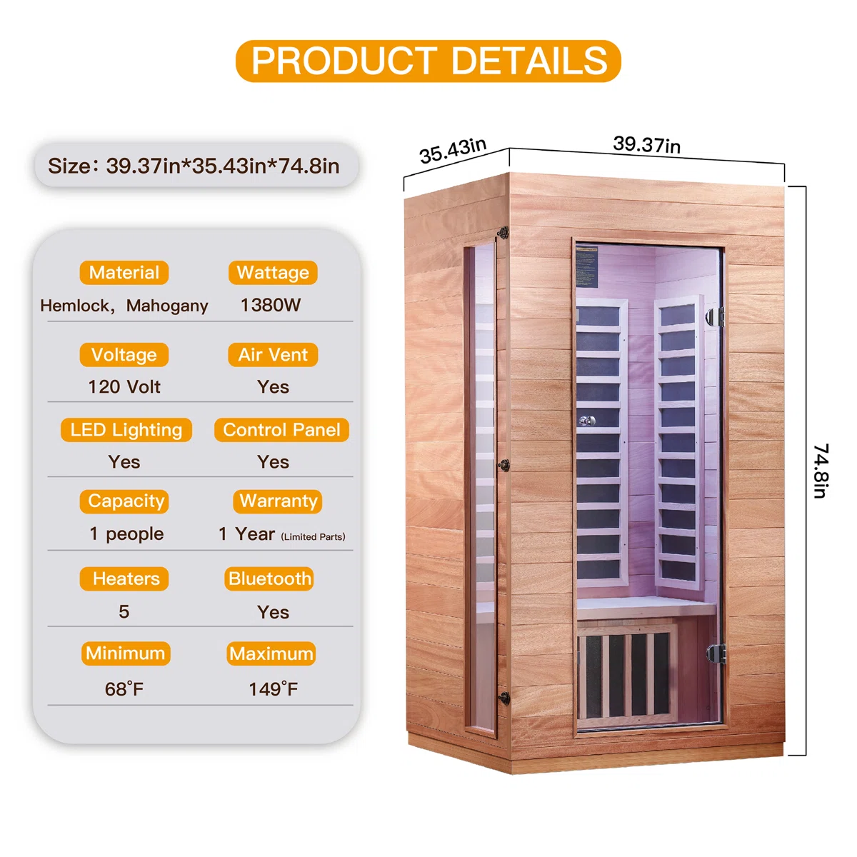Hongyuan 1 Single Person Indoor Bluetooth Low EMF FAR Infrared Sauna In Okoume & Hemlock Wood