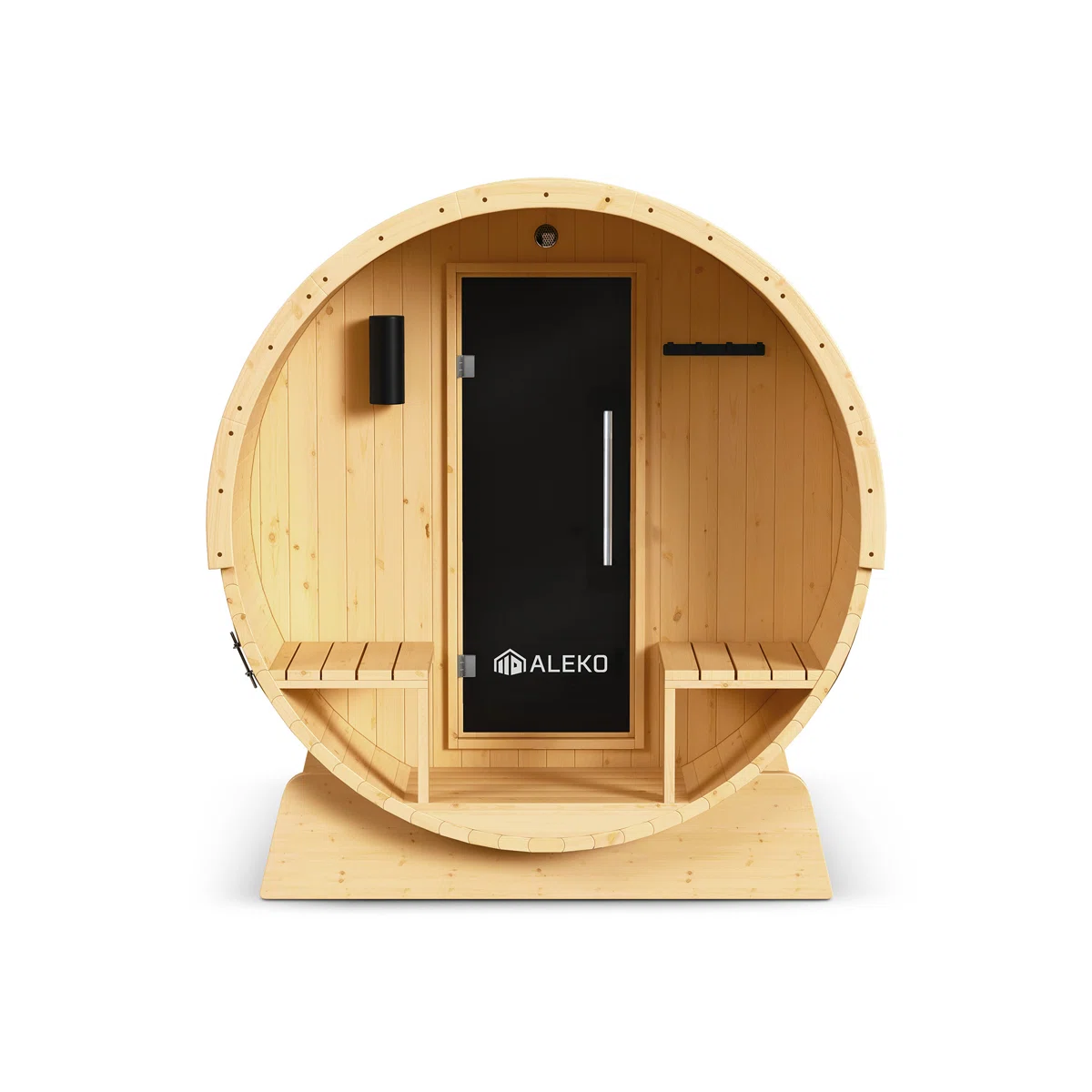 Outdoor or Indoor White Finland Pine Wet Dry Barrel Sauna - 2-4 Person - Front Porch Canopy - 4.5 kW UL Certified - Bitumen Shingle Roofing