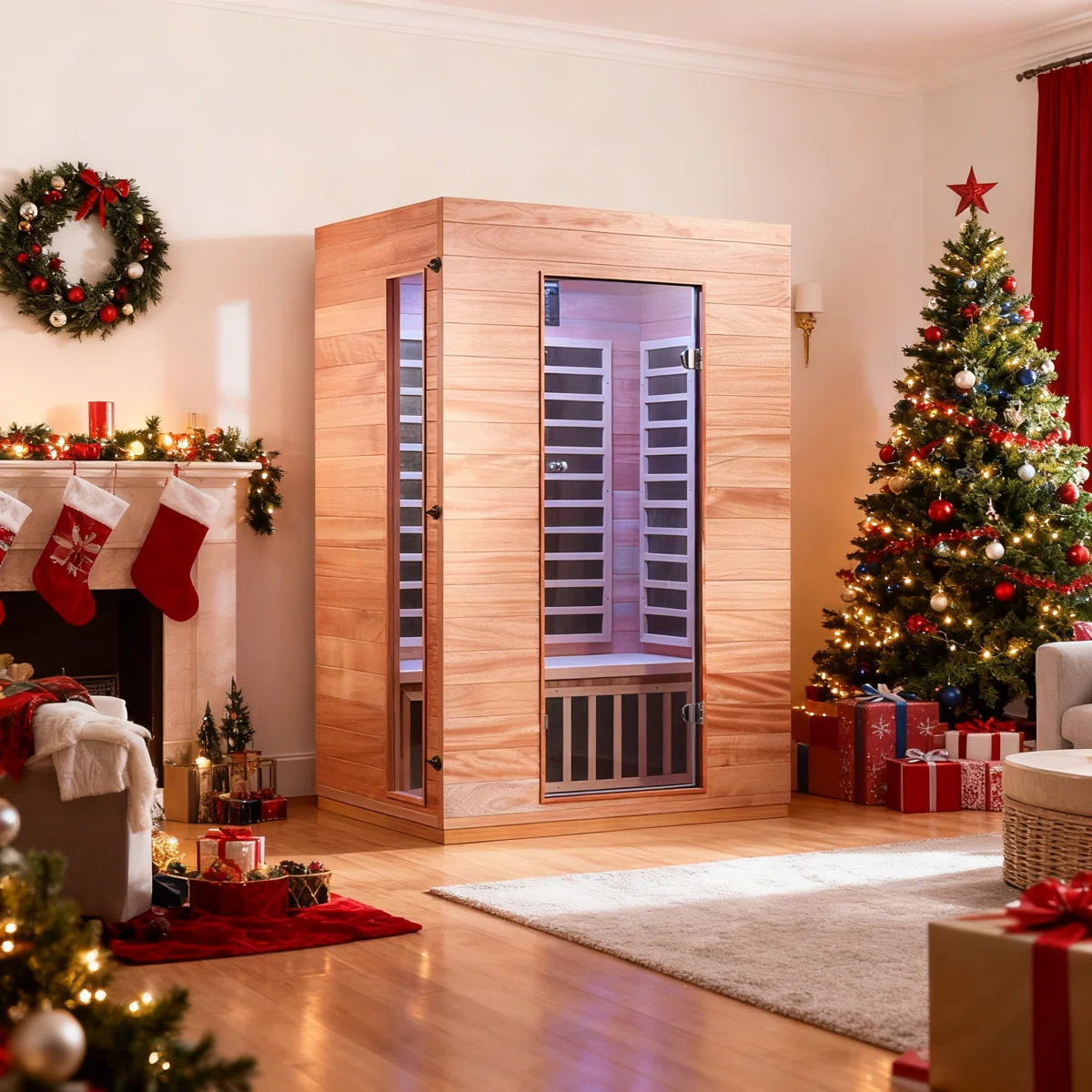 Hongyuan 1 Single Person Indoor Bluetooth Low EMF FAR Infrared Sauna In Okoume & Hemlock Wood