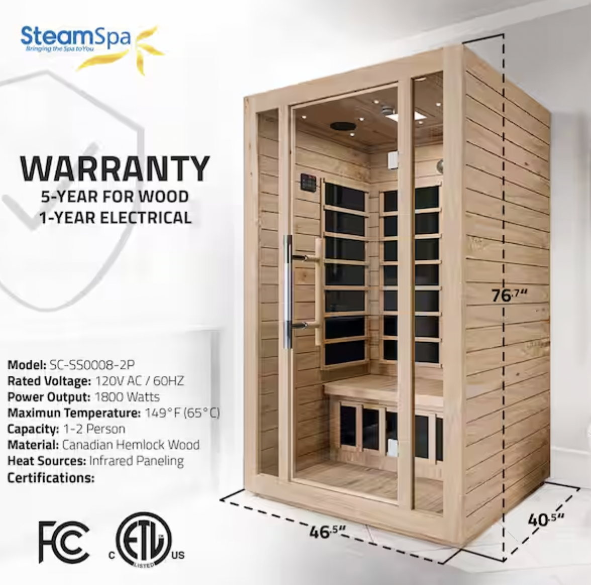 Home Sauna Room 2-Person Hemlock Wooden Indoor Infrared Sauna Spa with Touch Control Panel