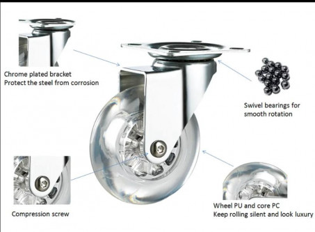 roulette pivotante transparente 40mm 50mm  sans frein et avec frein