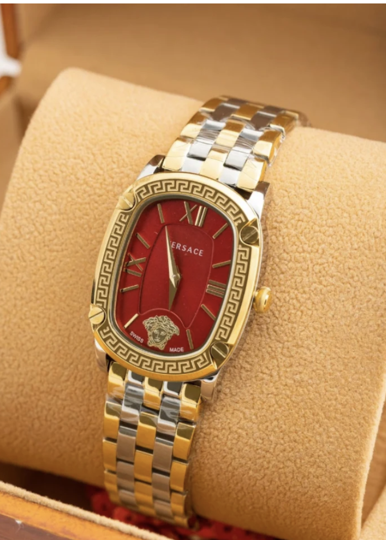 Montre Versace dorée pour femmes, cadran rouge