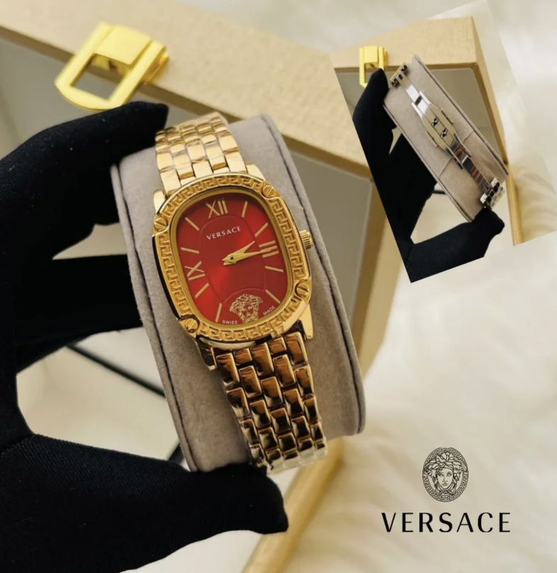 Montre Versace dorée pour femmes, cadran rouge
