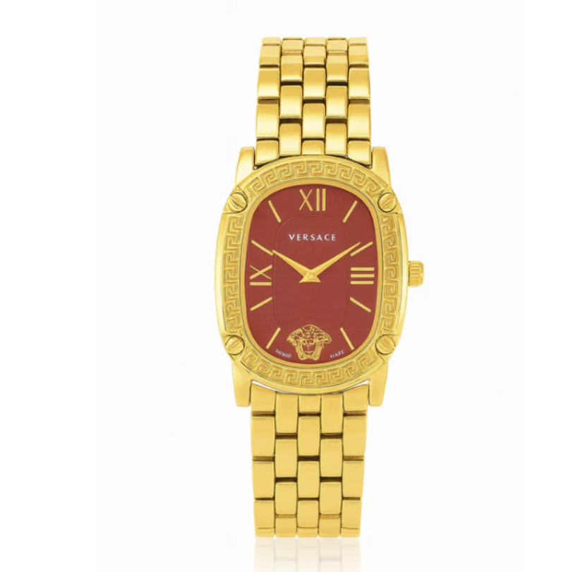 Montre Versace dorée pour femmes, cadran rouge